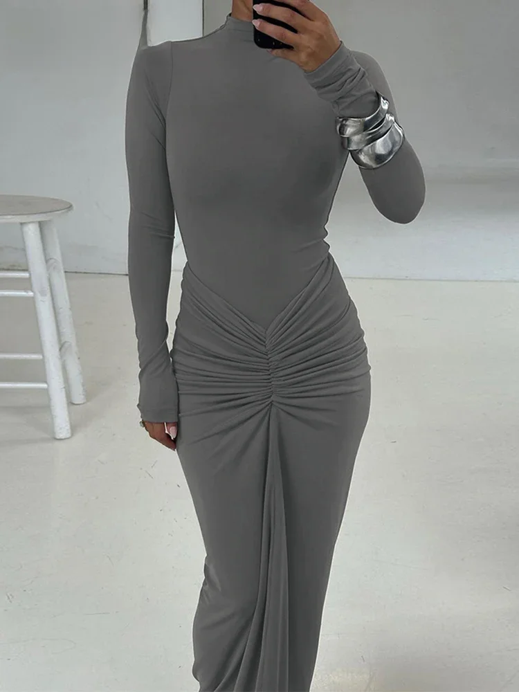 Nibber Ruched prosta sukienka damska Temperament moda pełna rękaw o-Neck Skinny Stretch podstawowe klasyczne Hipster Bodycon Vestidos — zdjęcie 2