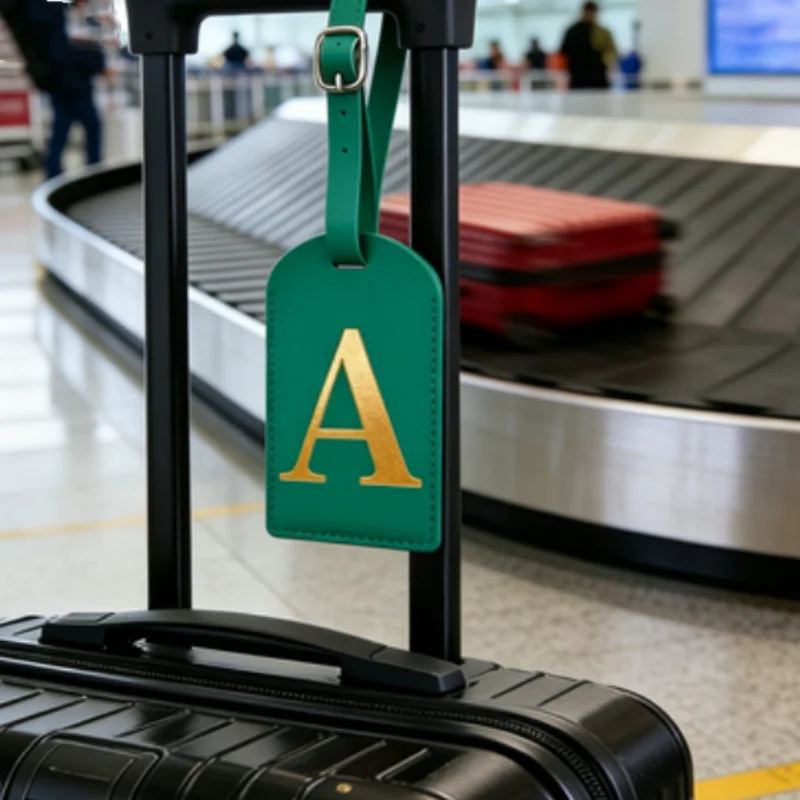 Étiquette de bagage personnalisée avec nom vert, motif carte d'embarquement et initiales pour une identification facile
