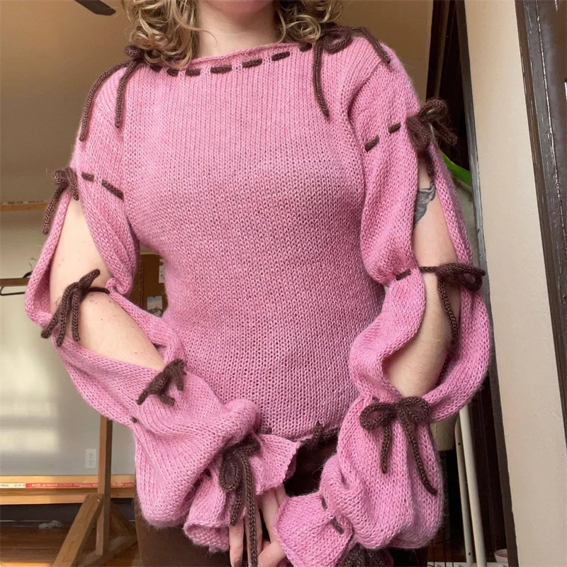 

Сексуальный ажурный свитер с длинным рукавом и бантом на шнуровке, женский пуловер, топ, прозрачная вязаная блузка, осенне-зимняя модная женская блузка