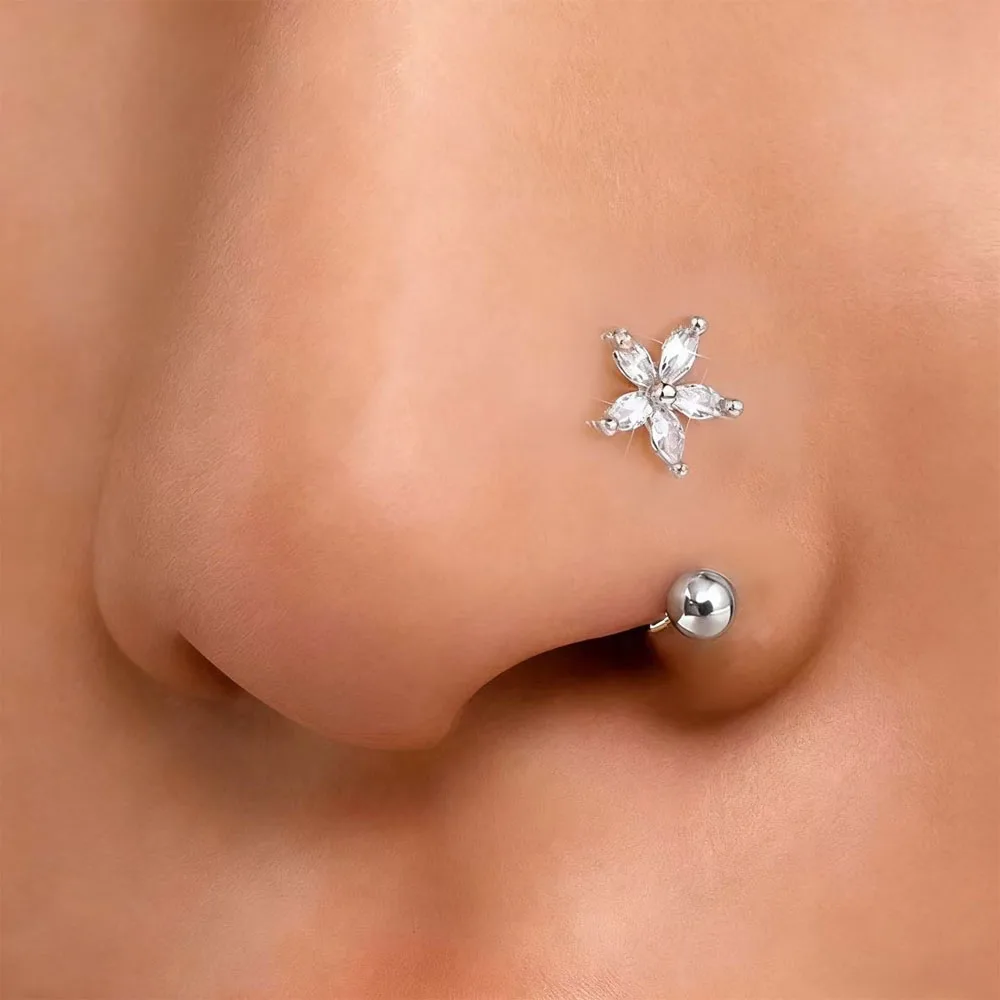 Women's Simple Flower-Shaped Nose Ring, 14K Gold Plated