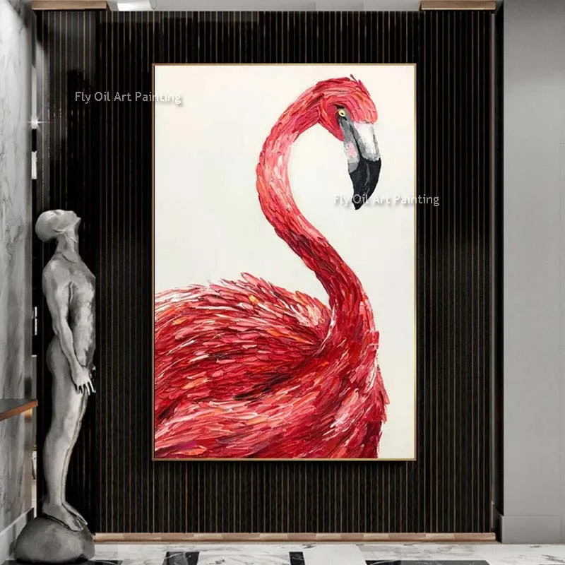 Red Flamingo Knife Canvas Painting Hand Painted Bird Canvas Wall Art Original Oil Painting For Living Room Wall Decor As Giftf