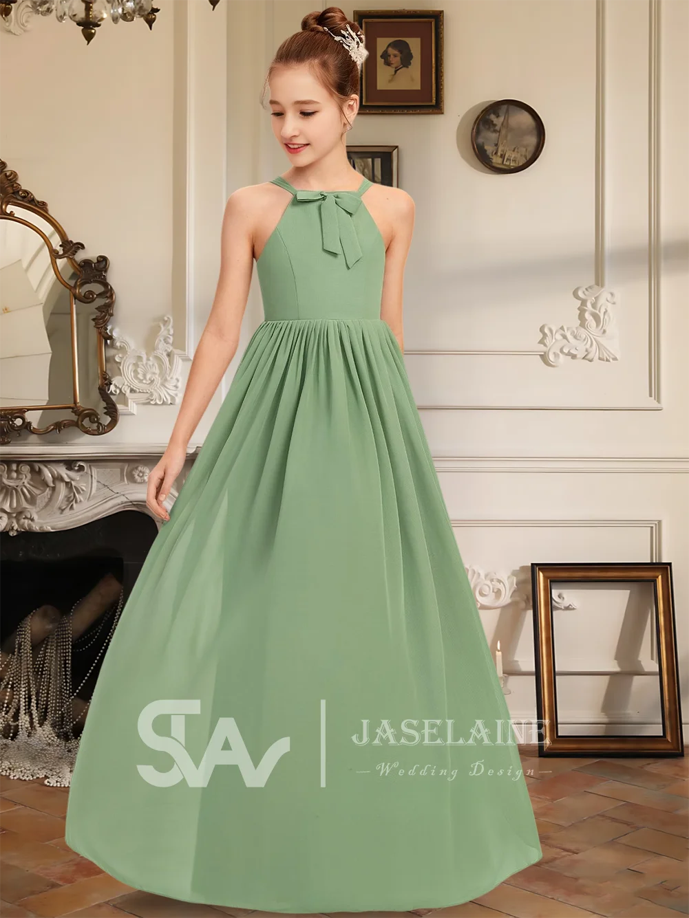 Базилик трапециевидной формы с лямкой на шее длиной до пола, шифоновое платье для подружек невесты с бантом, платье без рукавов с цветочным узором для девочек, торжественное свадебное платье