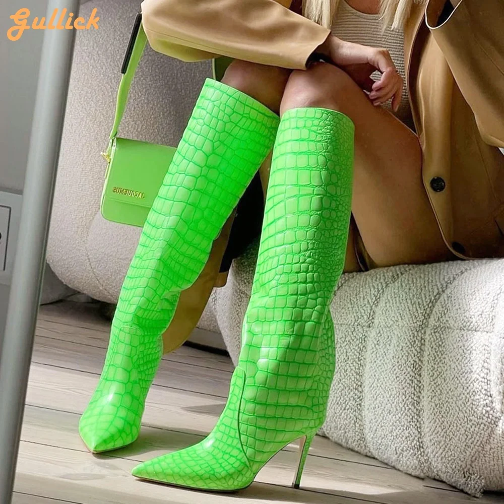 

Snake Pattern Knee High Boots Fluorescent Green Pointed Toe Stiletto Heel Long Boots Women Autumn Winter Hot Selling Boots