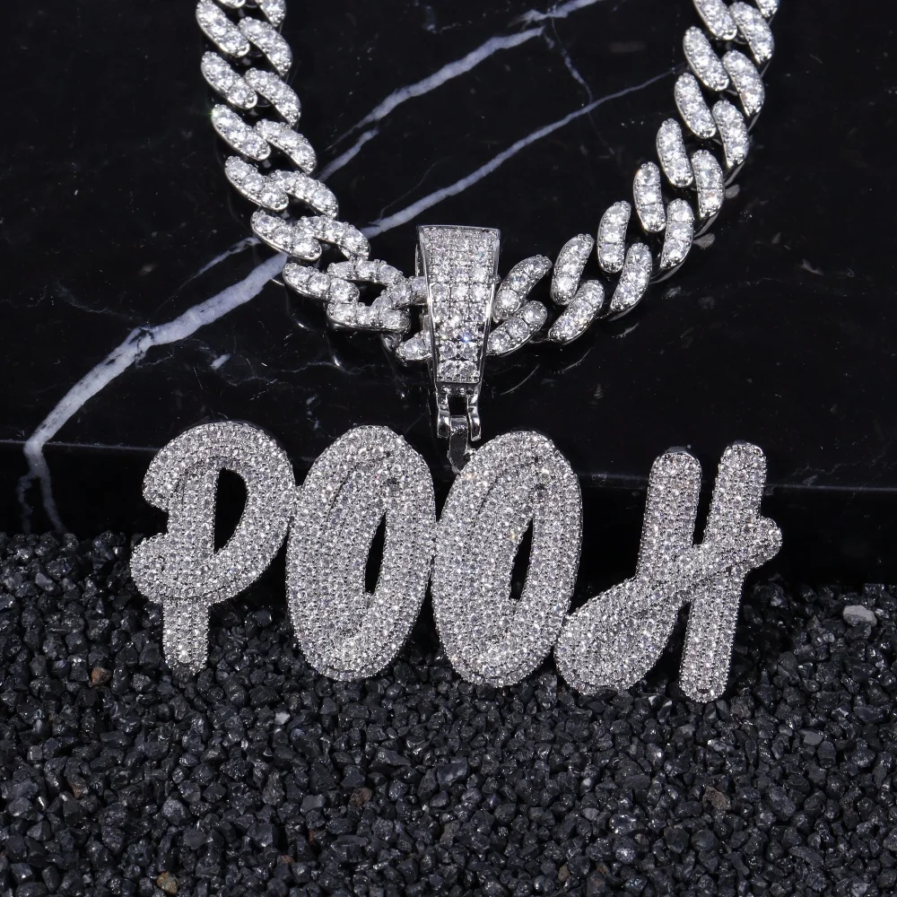 Custom Iced Out Cubic Zircon Diamond Custom Brush Font Letter Pendant Necklace Chain For Women Personalized Hip Hop Jewelry Gift