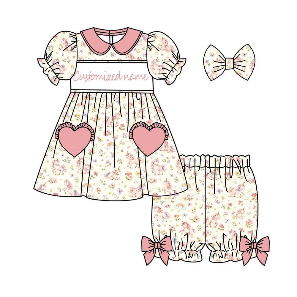 Boutique Kid's Set Girls' Set Ruffled Short Sleeves Shorts Adorned Heart-Shaped Pockets Bow Decorate Animal and Floral print