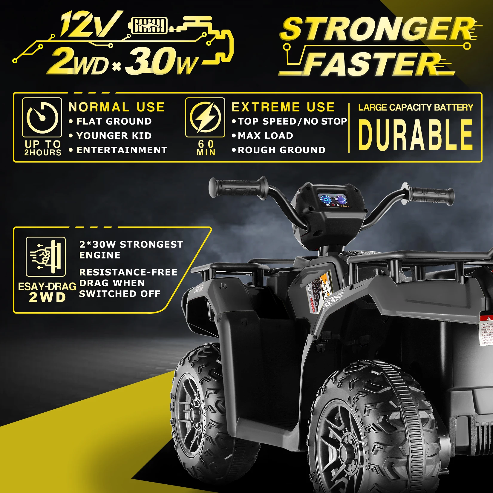 12V Kids Ride on ATV 4-Wheeleler Quad Battery Powered Electric Car z dużą/niską prędkością, silnikiem 2X30W, bieżnikami, miękkim hamowaniem