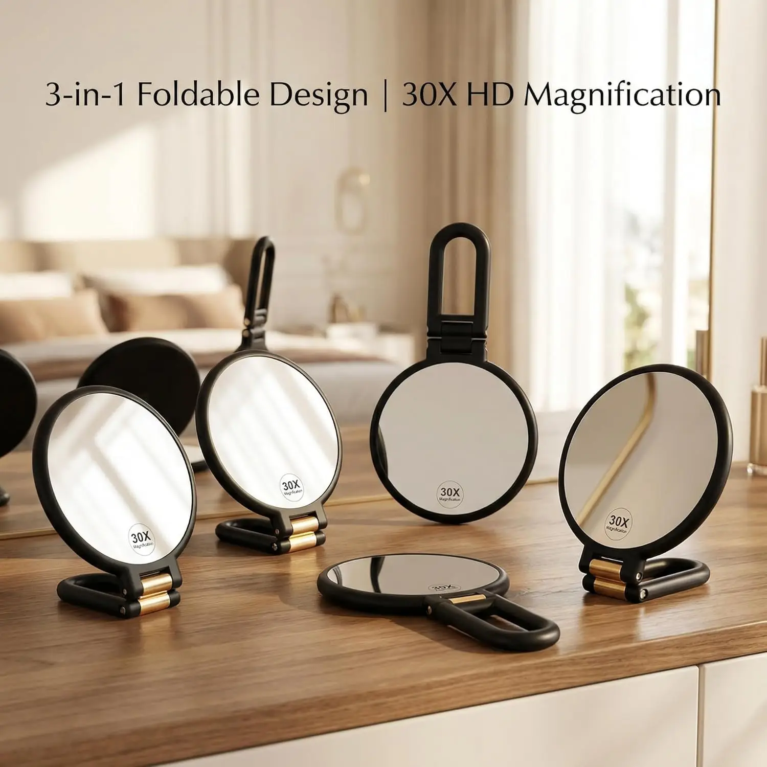 Magnifying Handheld Mirror Double Sided 30X Folding Travel Mirror with Adjustable Rotating Base for Makeup Table, A1