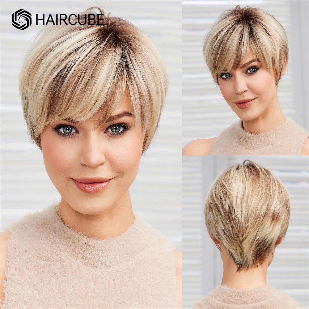 Pelucas de cabello humano de corte Pixie corto con flequillo, sin pegamento, HD, encaje frontal, marrón, Rubio, Balayage, Remy, barato