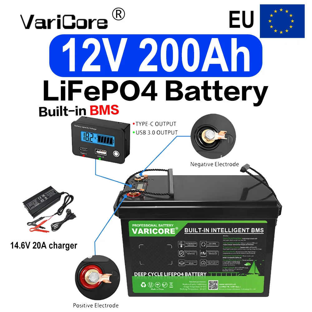 Batterie LiFePO4 à décharge profonde VariCore 12V 200Ah avec BMS intelligent pour camping-car, camping, bateau, alimentation hors réseau