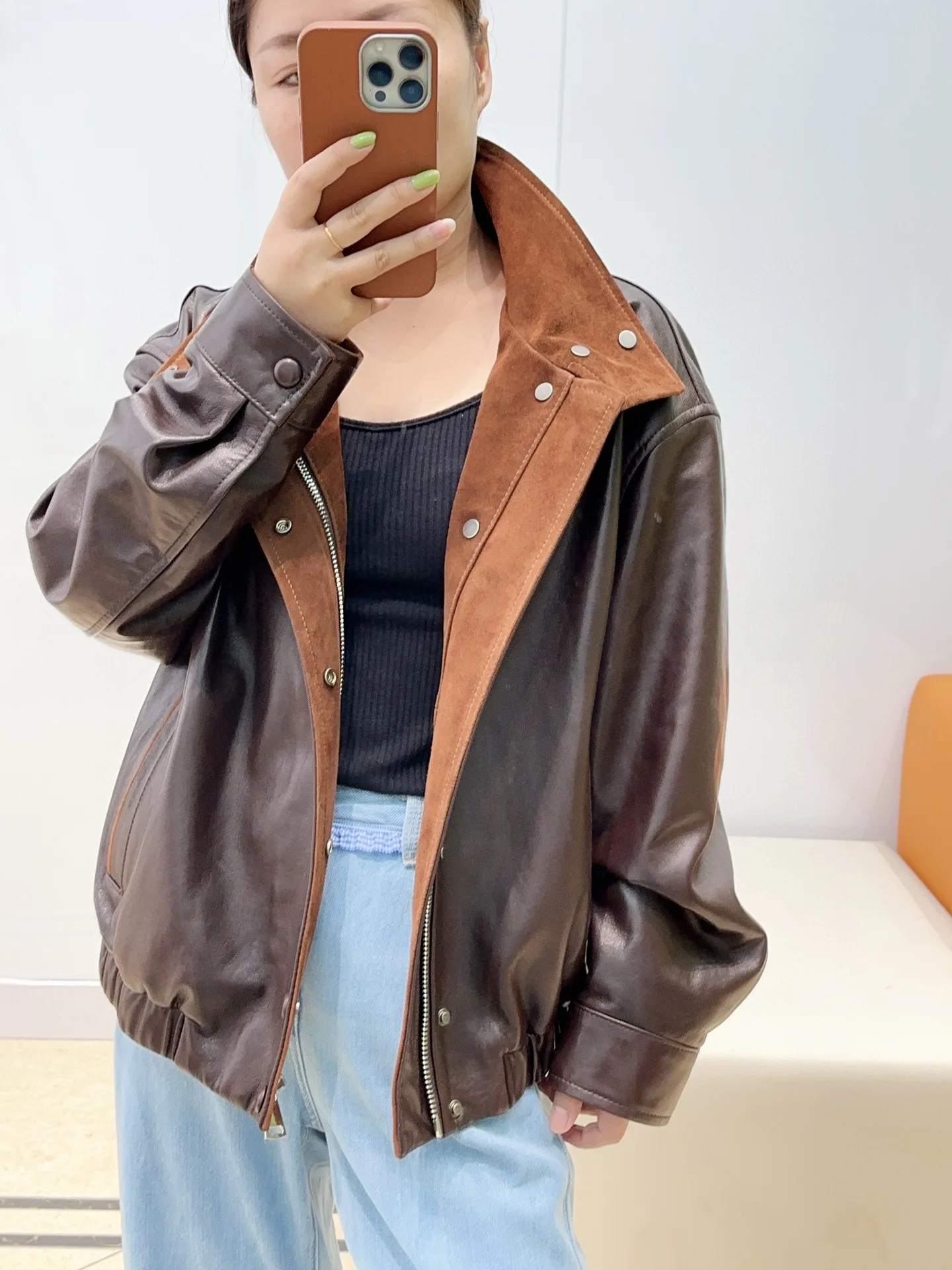 Chaqueta de piel de oveja de cuero genuino de alta gama para mujer elegante de otoño