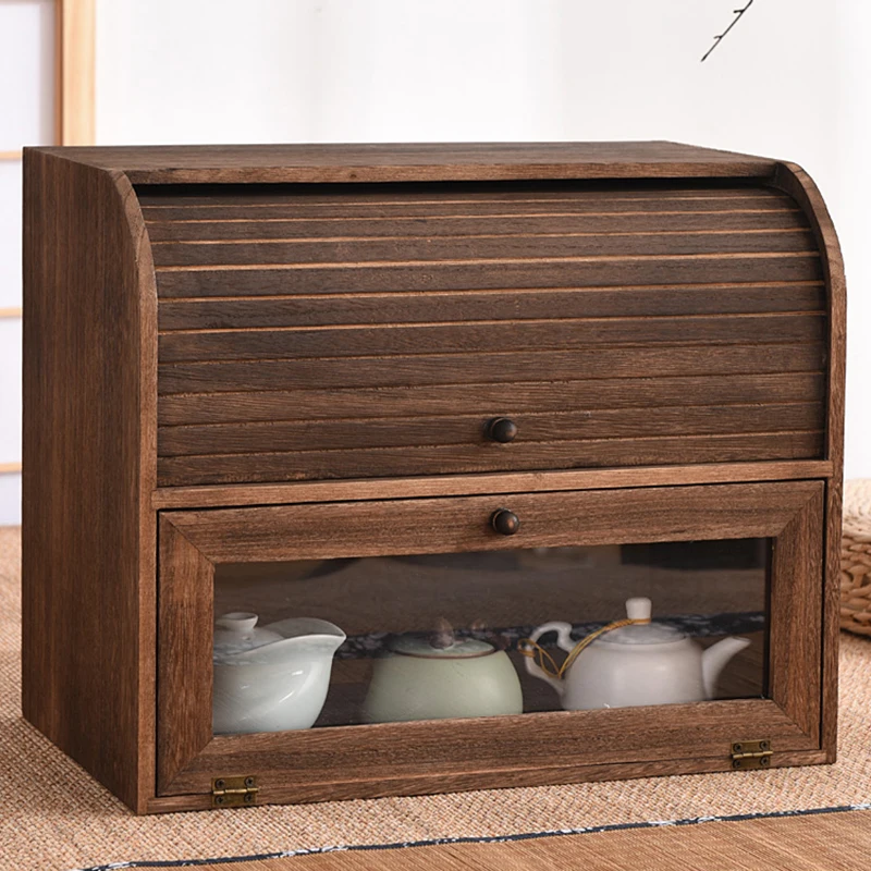 Solid wood dustproof double roll-up design teapot desktop tea set tea cup shelf storage box cosmetics stationery cabinet