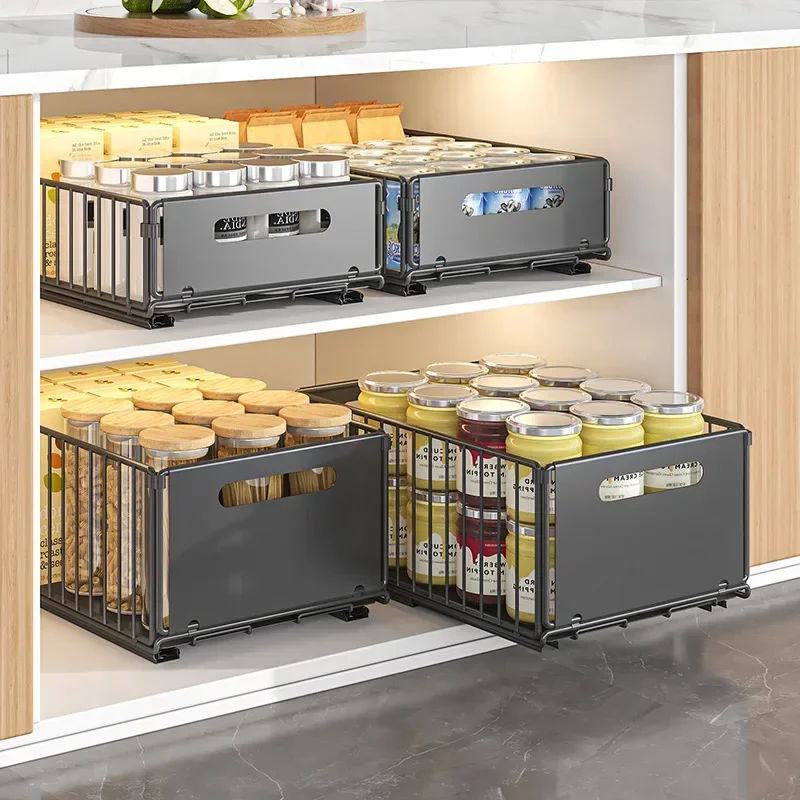 

1/2Pcs Kitchen Storage Rack with Slide Rails Pull-out Kitchen Drawer Type Storage Tray Spice Box Storage Rack Cabinets Organizer