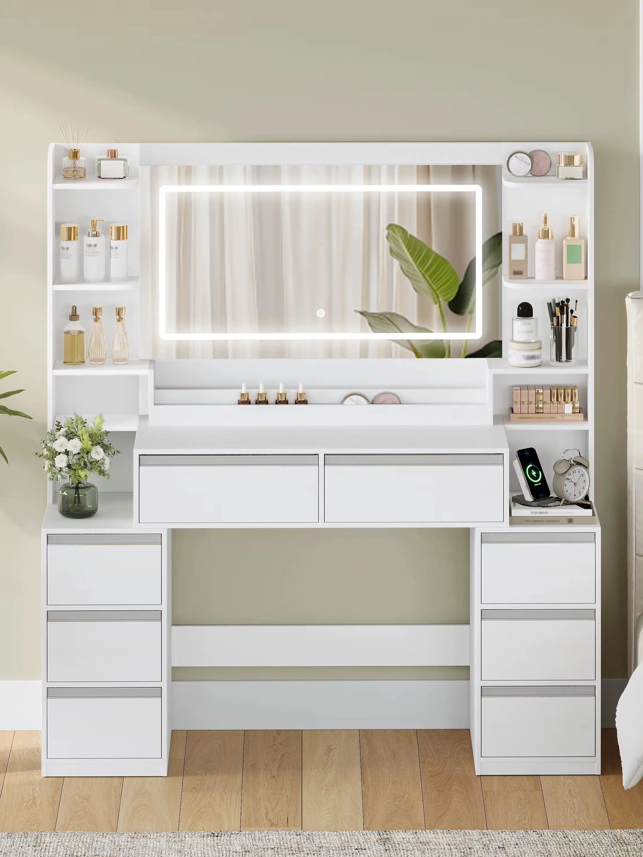 Kaptafel met grote spiegel, kaptafel en haardrogerhouder, 8 lades, open vakken, modern wit en zilver - afbeelding 2
