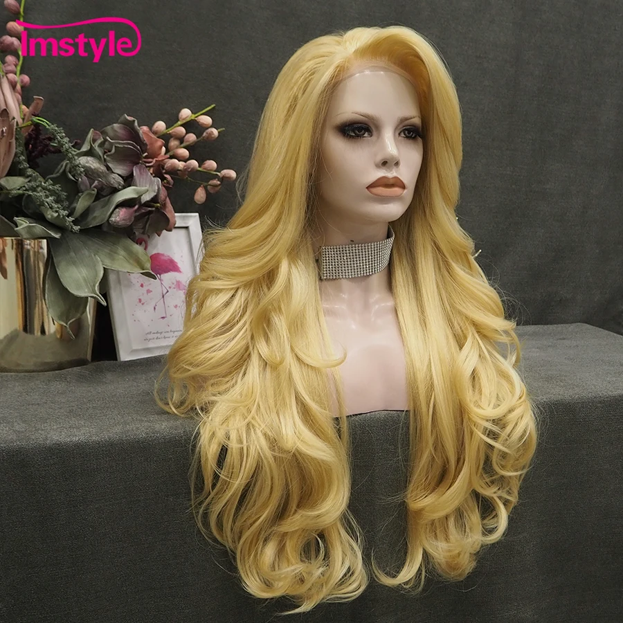 Imstyle Blonde Wig Long Wavy Synthetic Lace Front Wig Heat Resistant Fiber Natural Hair Lace Front Wig Cosplay Wigs For Women