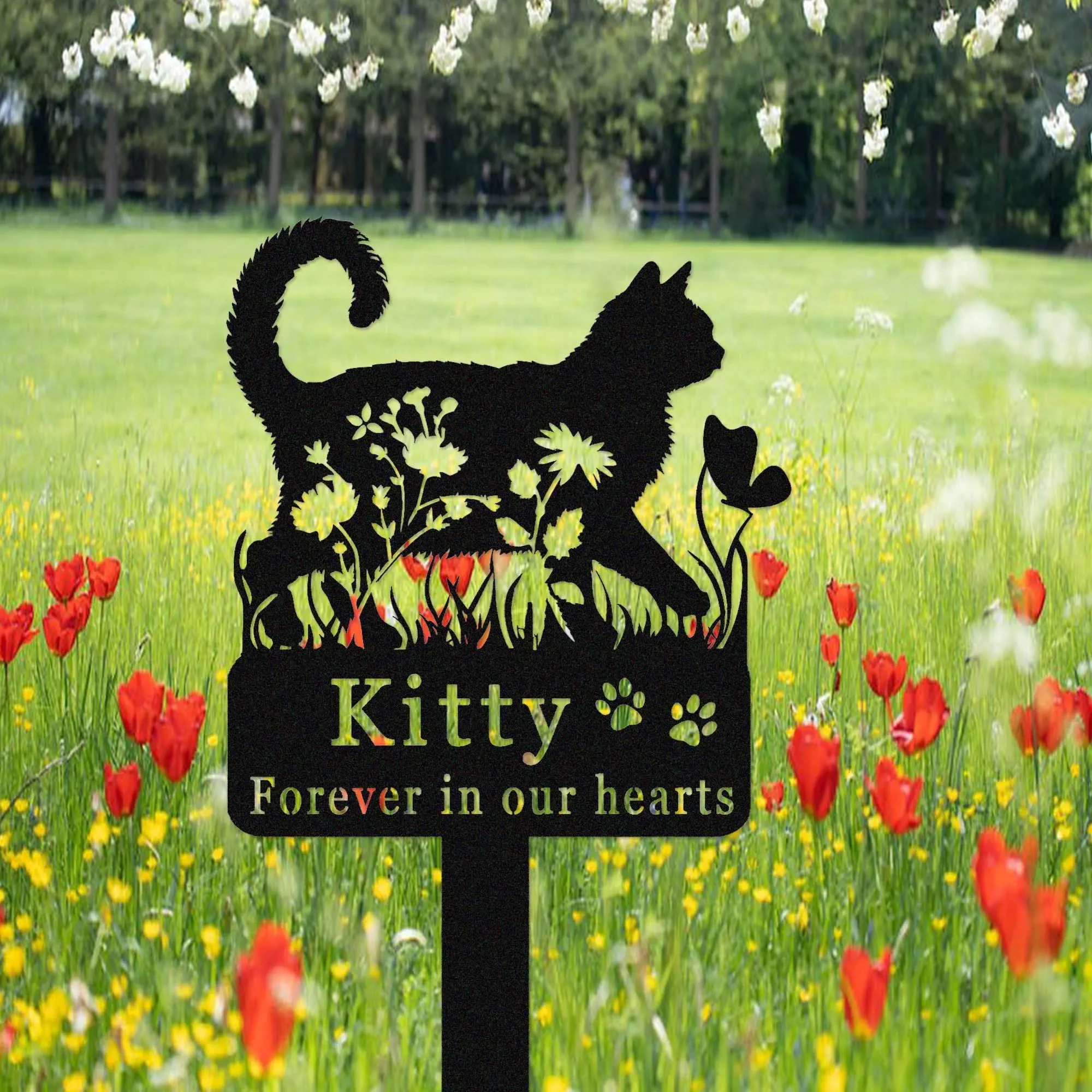 Custom Cat Memorial Stake,Cat Grave Marker,Metal Cat Garden Stake with Flowers,Personalized Cat Loss Gift,Cat Garden Decor