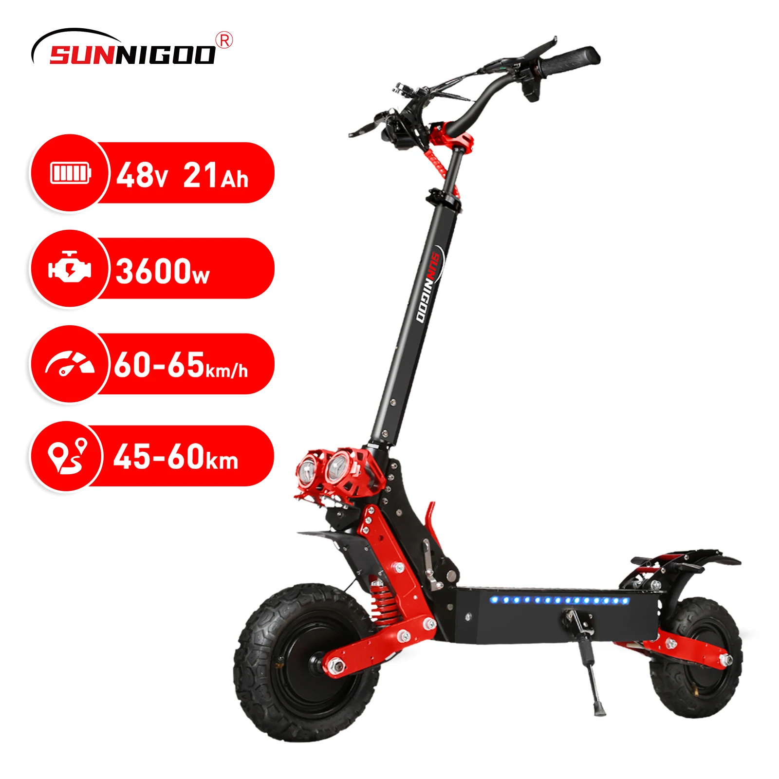 Scooters électriques 3600W double moteur 48V21Ah avec clignotant EScooter 11 "pneu tout-terrain haute suspension freins à double disque e-scooter