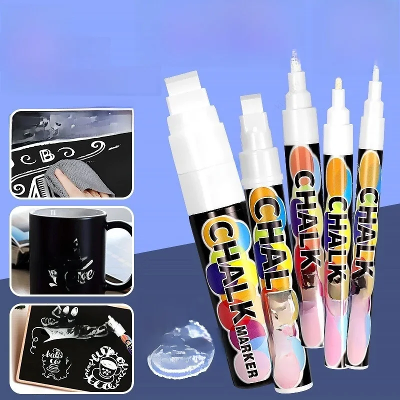 5 pièces/ensemble marqueurs à craie blanche-marqueurs à tableau liquide, marqueur à craie liquide blanc pour fenêtres, verre-embouts 1, 3, 6, 10, 15mm