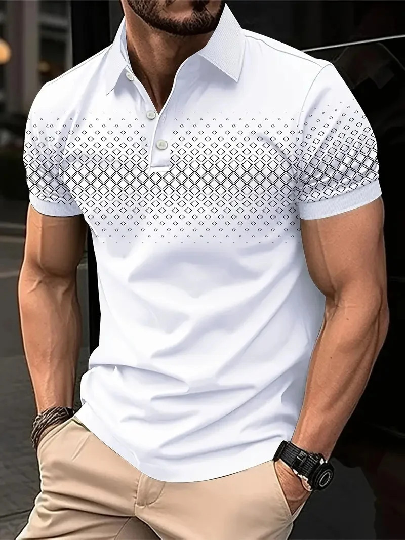 Summer Men's Slimming Diamond Pattern Printed Short-Sleeved Polo Shirt Simple Shirt Breathable and Comfortable Men's Clothing