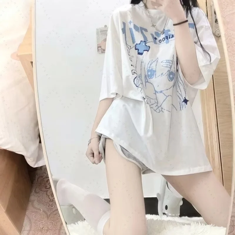 تي شيرت نسائي على الموضة مطبوع عليه الرسوم المتحركة اليابانية تي شيرت كبير الحجم 2026 Blusas Mujer De Moda ملابس علوية غير رسمية فضفاضة Y2k للمراهقين