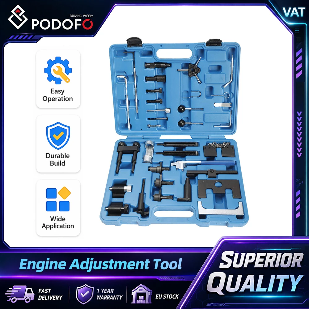 Kit d'outils de réglage du moteur Podofo, outil de réglage de la distribution de l'arbre à cames et du vilebrequin, outil de serrage de courroie de distribution TDI, kit d'outils de réparation de la distribution du moteur pour VAG Audi VW 1.2 1.9 2.0 2.5 3.3 litres, outils de remplacement de courroie de distribution diesel