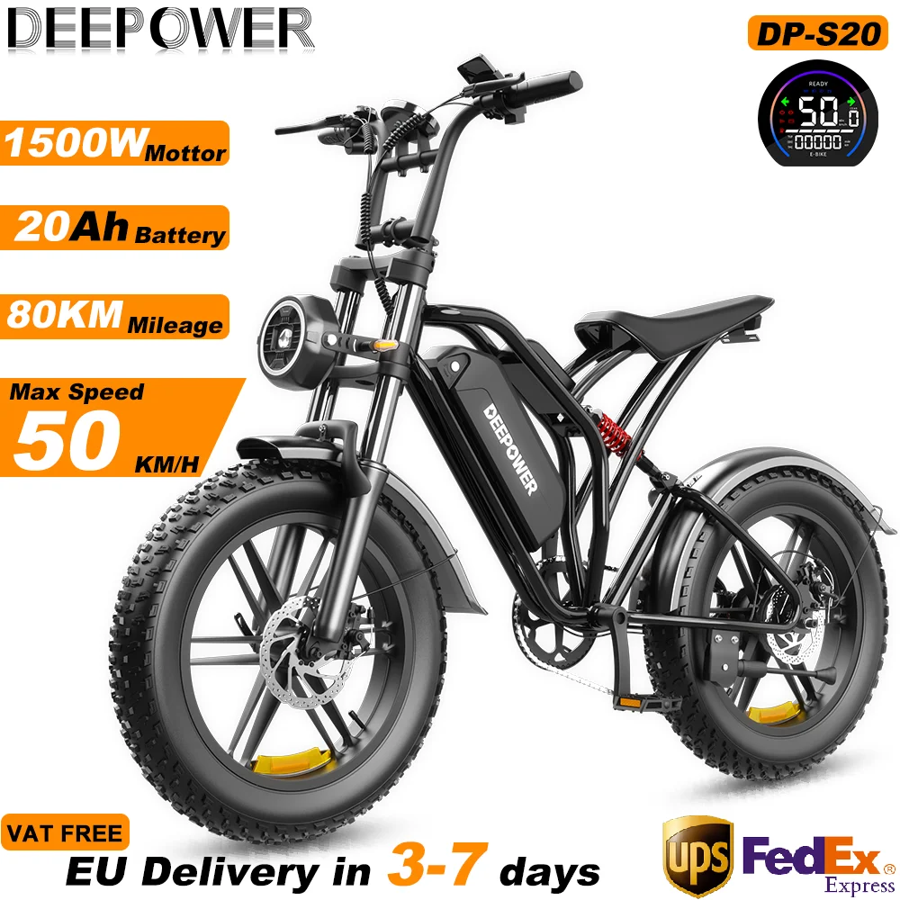 Vélo électrique DEEPOWER S20 1500W 48V 20Ah Vélo électrique tout-terrain Affichage LCD Pneus larges de 20 pouces 7 vitesses Vélo électrique tout-terrain