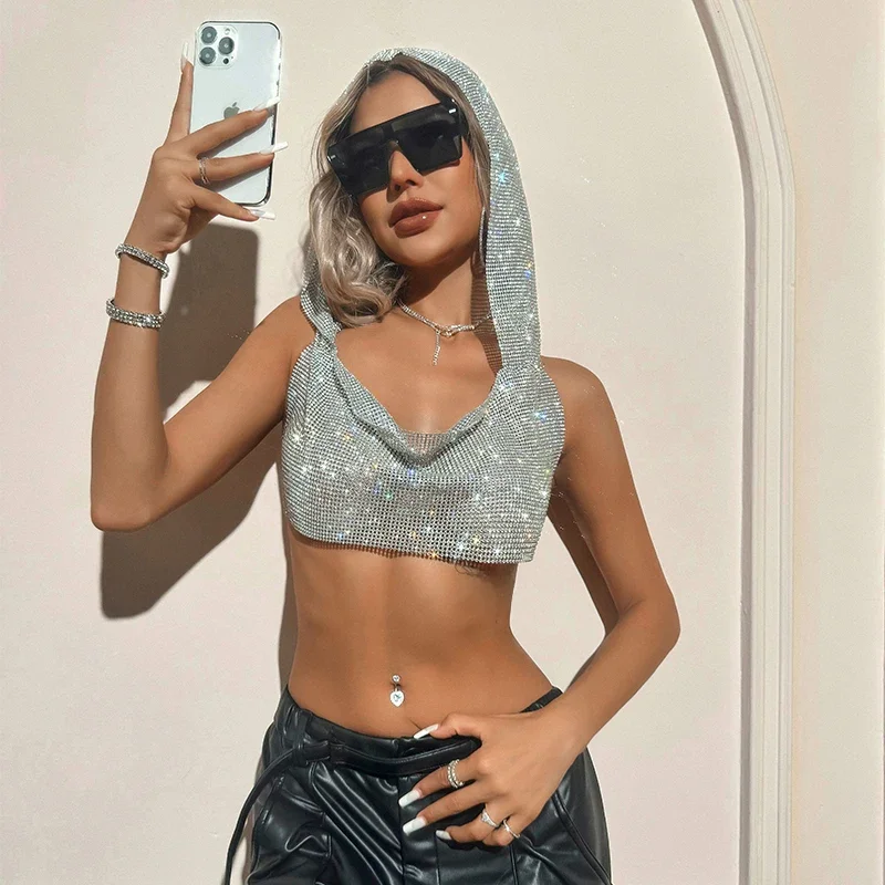 2025 Summer New Rhinestone Hooded Crop Top Sexy Deep V Neck Backless Sleeveless Glitter Tank Top Rave Nightclub Party Camisole — zdjęcie 2