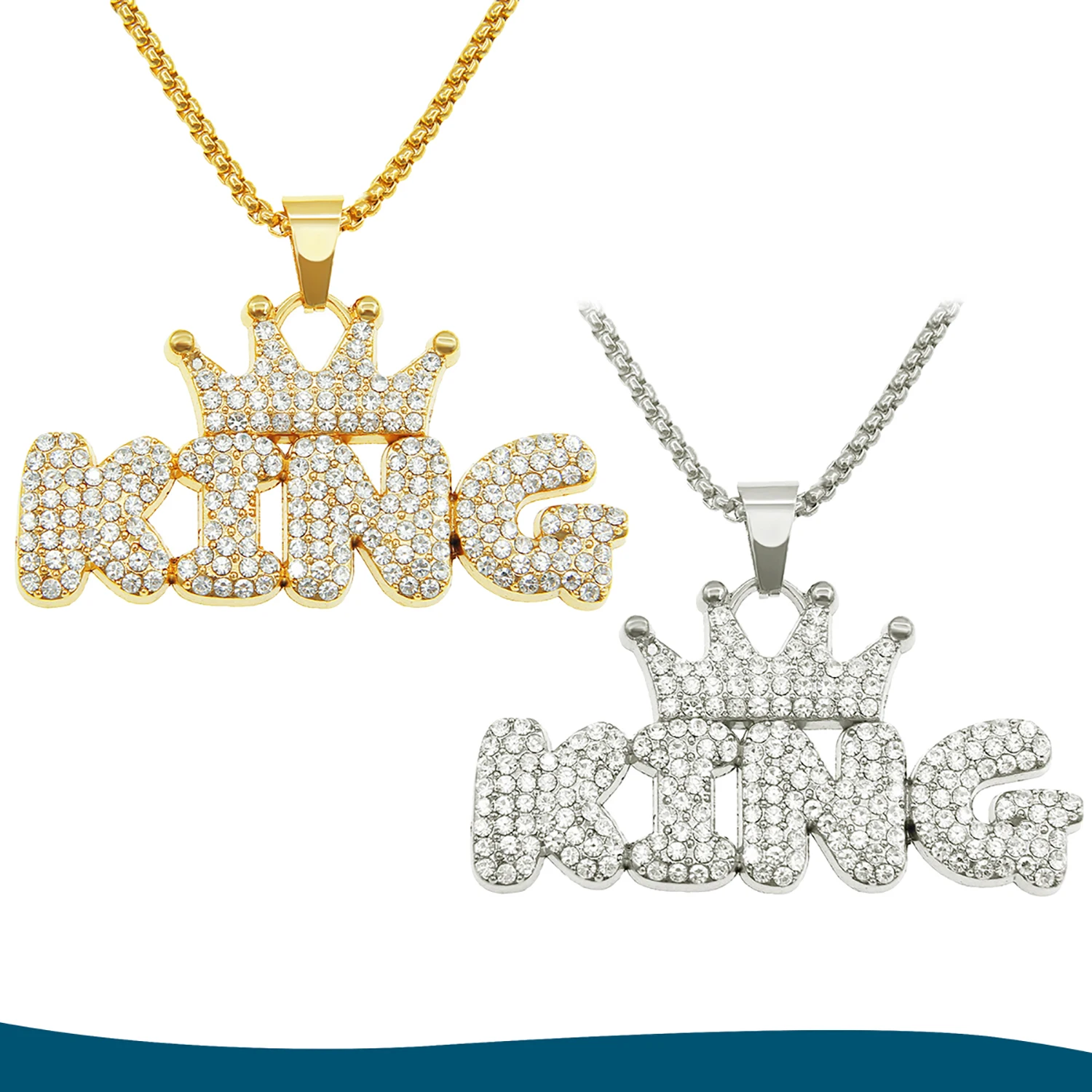 

Mens Fashion Stainless Steel Party Jewelry Pendant Hip Hop "KING" Necklace Golden/Silvery Street Cool Chain With 3mm 24 Inch