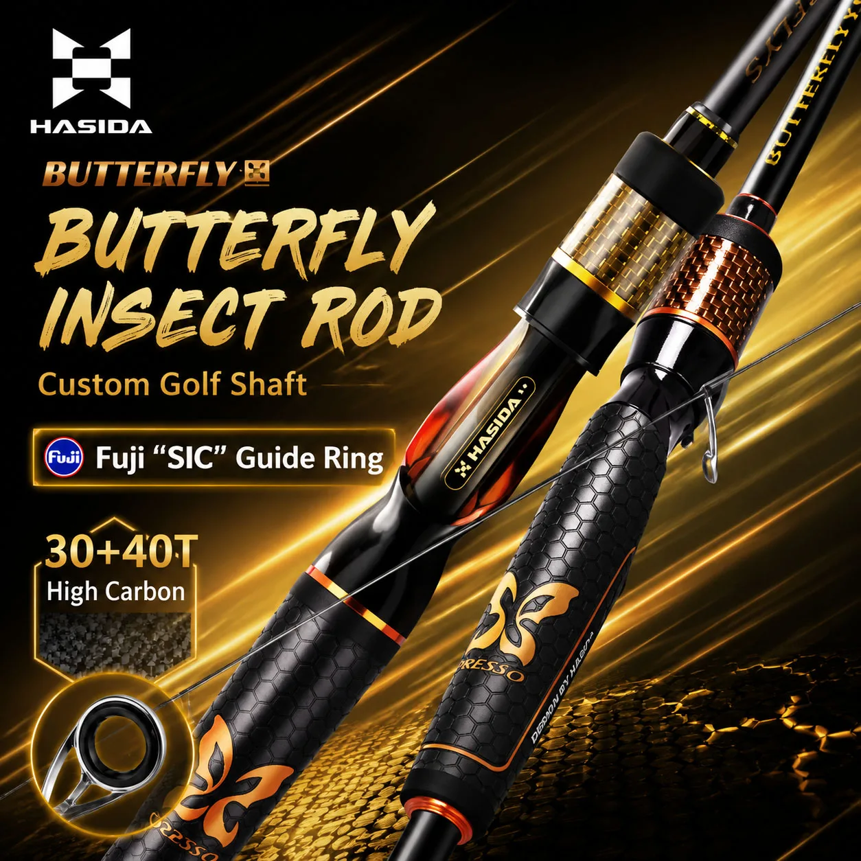 

HASIDA Butterfly Insect Fishing Rod Custom Golf Shaft Fuji SIC Guide Ring 30+40T High Carbon Spinning Baitcasting Rod