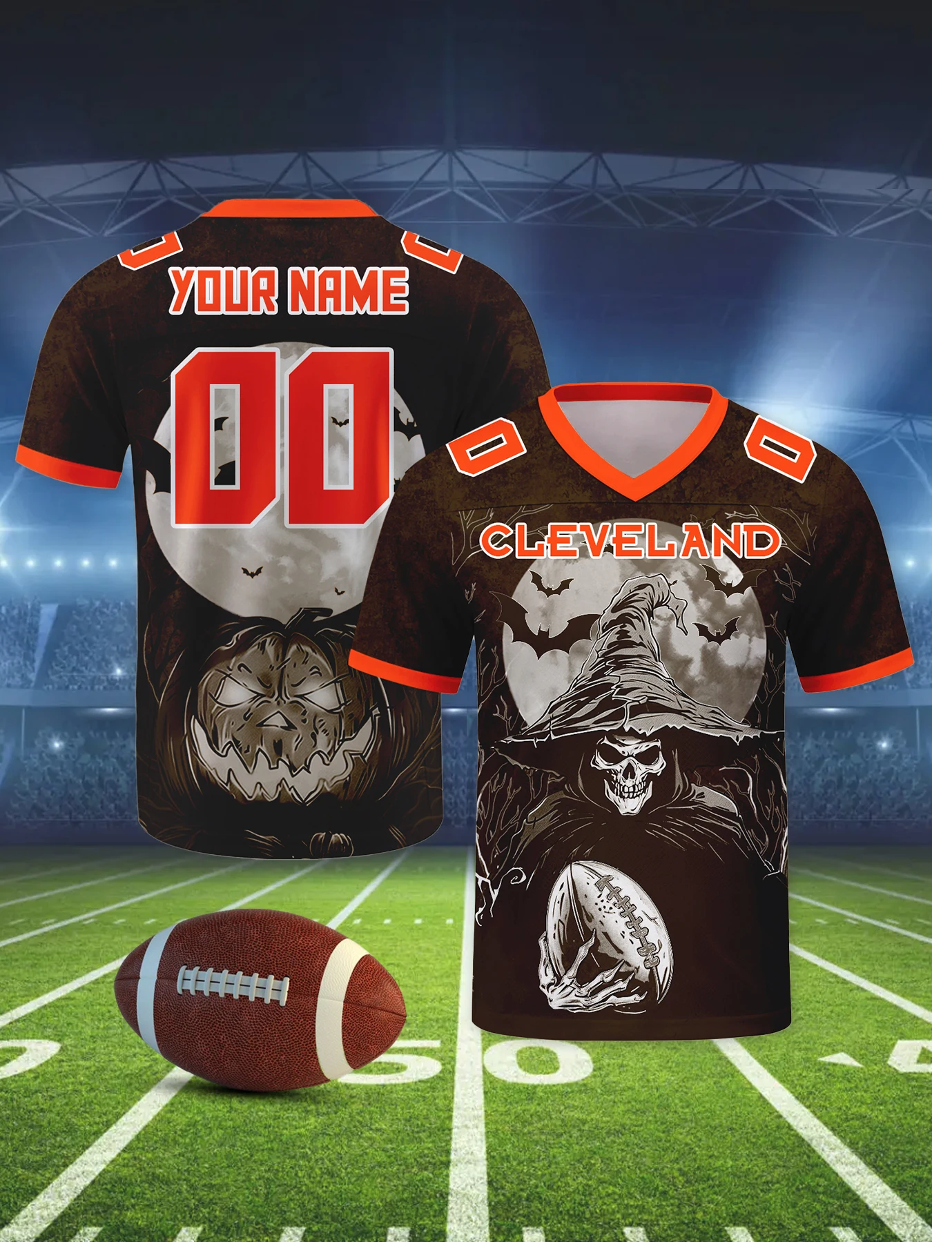 Custom Cleveland City American Football Jersey Personalized Skull Football Shirts Add Name & Number for Halloween Team Fans