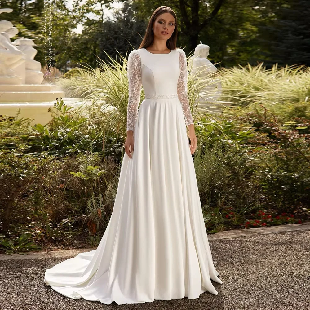 2025年ウェディングドレス ソフトサテンウェディングドレス サウジアラビアのブライダルガウン カスタムメイド 長袖 ビーズ飾り サッシュ Aライン サテン アラビアン