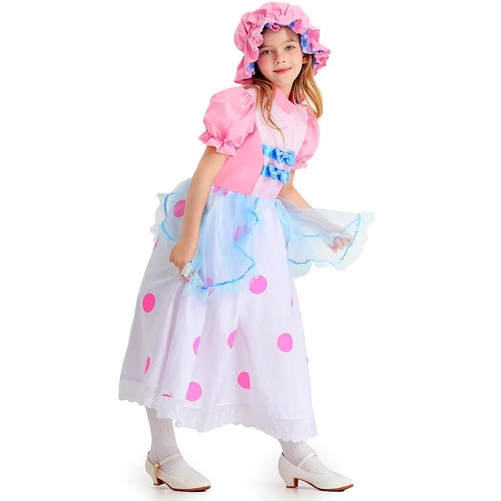 

2025 New Arrival Pink Polka Dot Bo Little Sheep Farmer Fancy Dress Up Halloween Wear Child Shepherd Girls Costume Birthday Dress