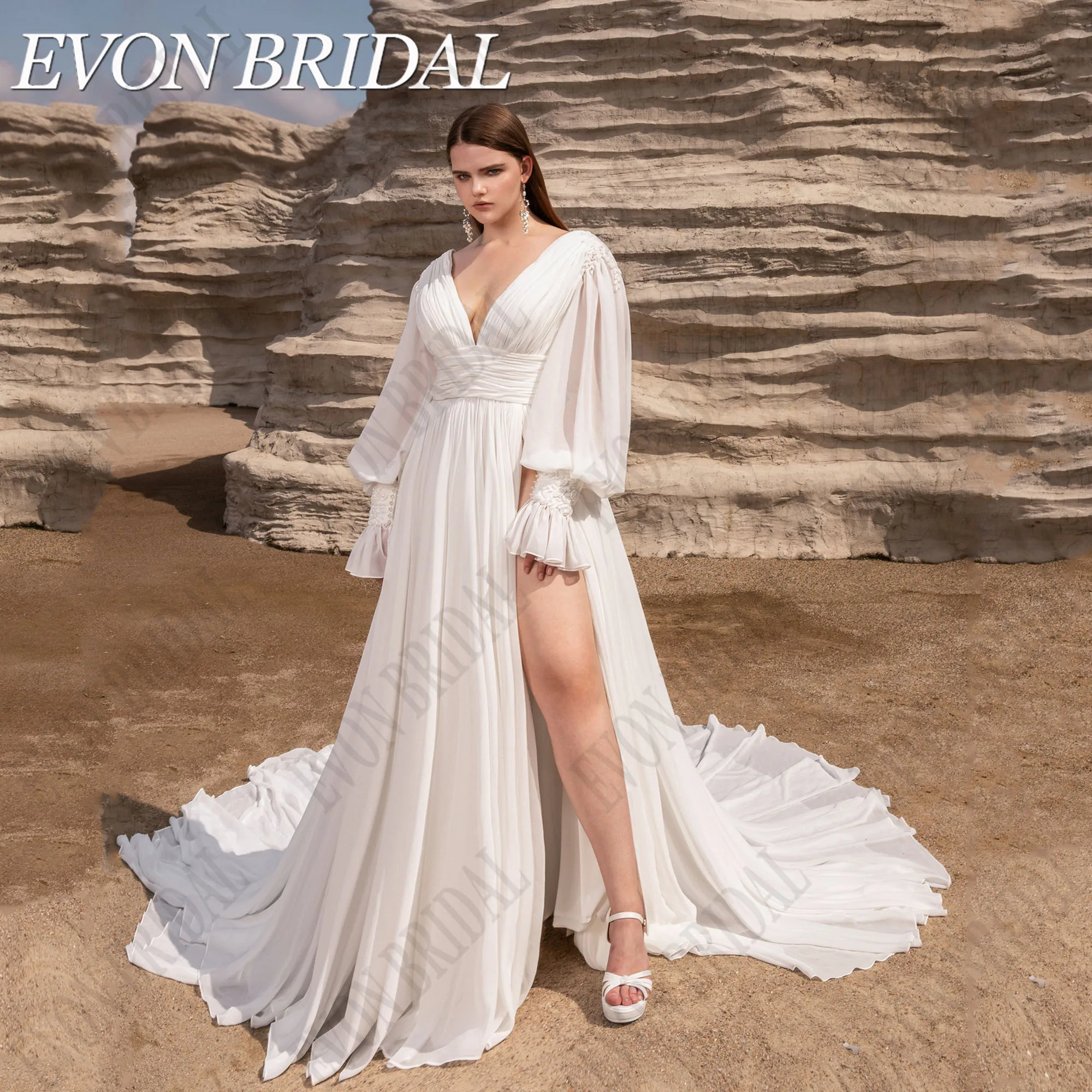 

EVON BRIDAL Chiffon Plus Size Wedding Dress Puff Sleeves Backless Side Split Bride Party Gowns Sexy Deep V-Neck A-Line Empire