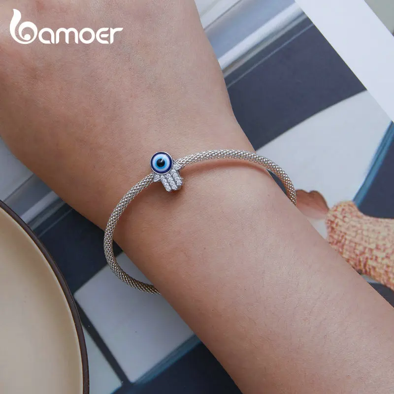 Bamoer 925 Sterling Silver Blue Evil Eye Bead Charms Fatima's hand pendant Fit Original Bracelet DIY Necklace Jewelry Make Gift