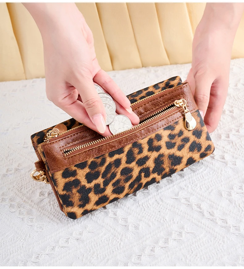 Vintage Damen-Geldbörse mit Leopardenmuster, Doppelreißverschluss, PU-Leder, lange Geldbörse, multifunktionale Kreditkarten-Clutch mit Handgelenkschlaufe – Detail 11