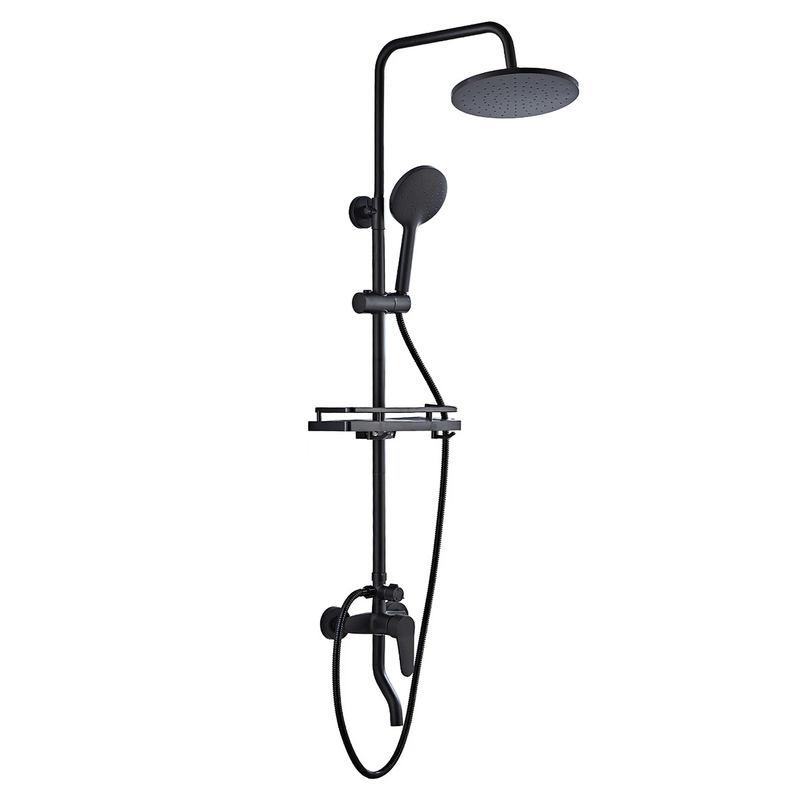 Schwarzes komplettes Duschsystem, Regenduschkopf + Handdusche, 360° drehbarer Auslauf, Ablagehalter, Wand‑Duschset für Badezimmer Hotel