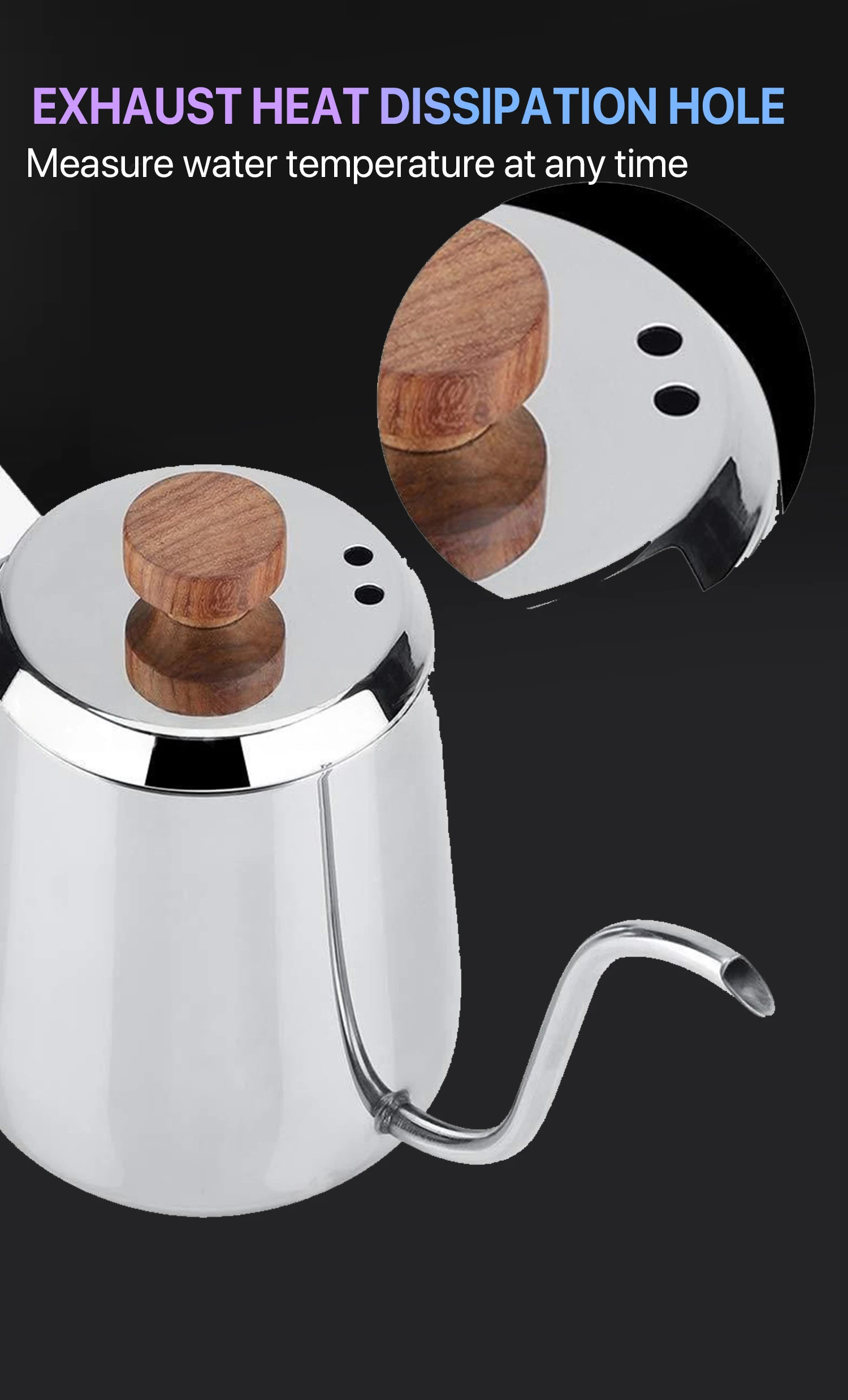 350/600ml Stainless Steel Drip Coffee Pot  Nonstick Gooseneck Drip Coffee Pot Wooden Handle Coffee Pot with Thermometer