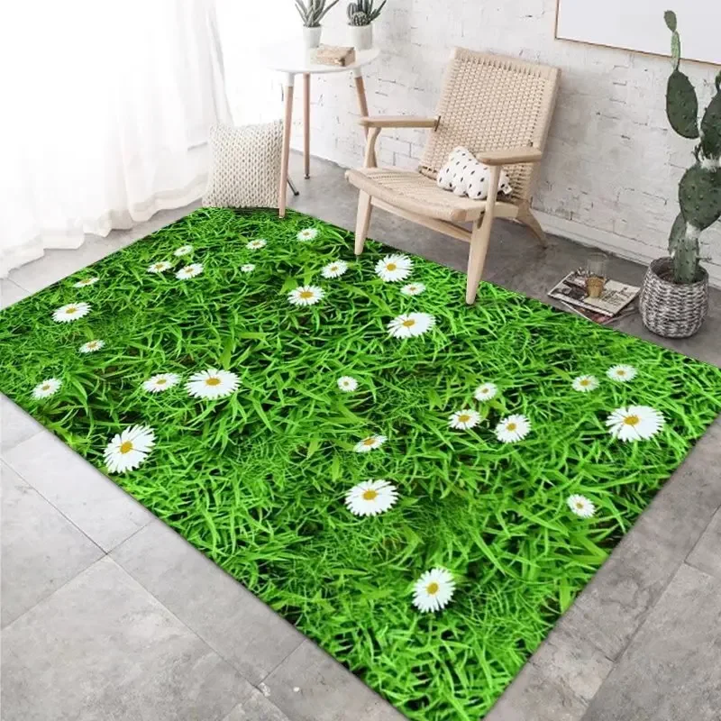 Tapis de salon vert 3D, motif de fleurs de camomille, décoration de maison, chambre à coucher, lea, doux, moelleux, chevet, sol, polymères