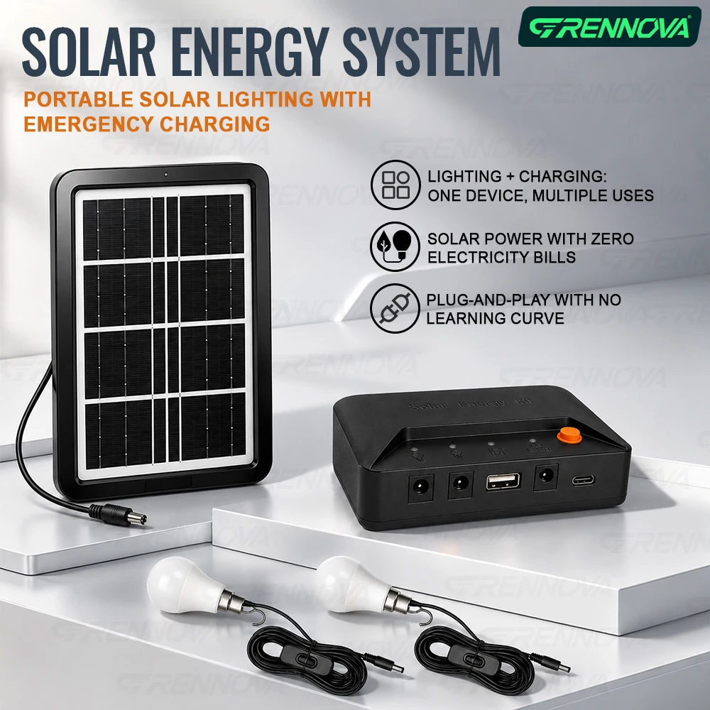 Kit d'éclairage solaire portable Grennova, complet, avec 2 ampoules LED à interrupteur indépendant, chargeur USB pour le camping, la tente, les pannes de courant