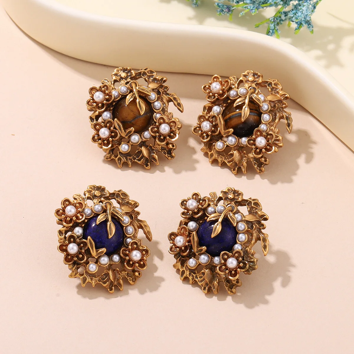 

Vintage Bronze Flower Stud Earrings with Natural Tiger Eye / Lapis Lazuli & Pearl Accents - Elegant Women's Jewelry