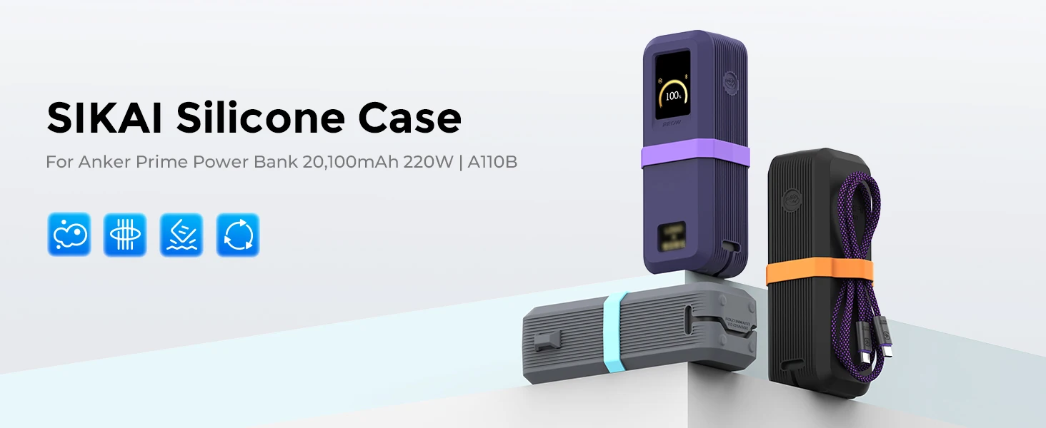 SIKAI Silicone Powebank Case for Anker Prime Power Bank (20K, 220W) Shockproof Cover with Cable Organizer Ring Lanyard Hole