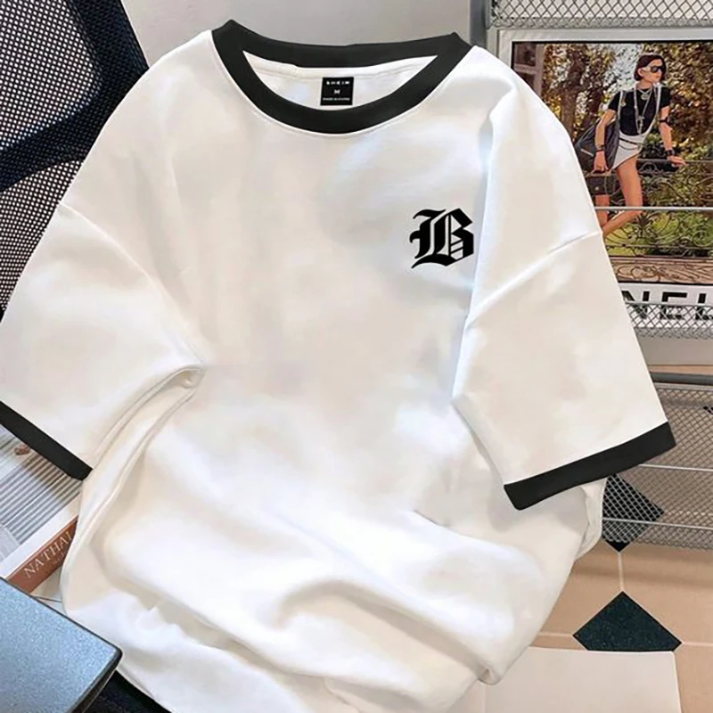 2024 New Men\'s Letter Pattern Shirt Color Contrast Round Neck T-shirt Casual Loose Fashion Shirt Korean Simple Short Sleeve