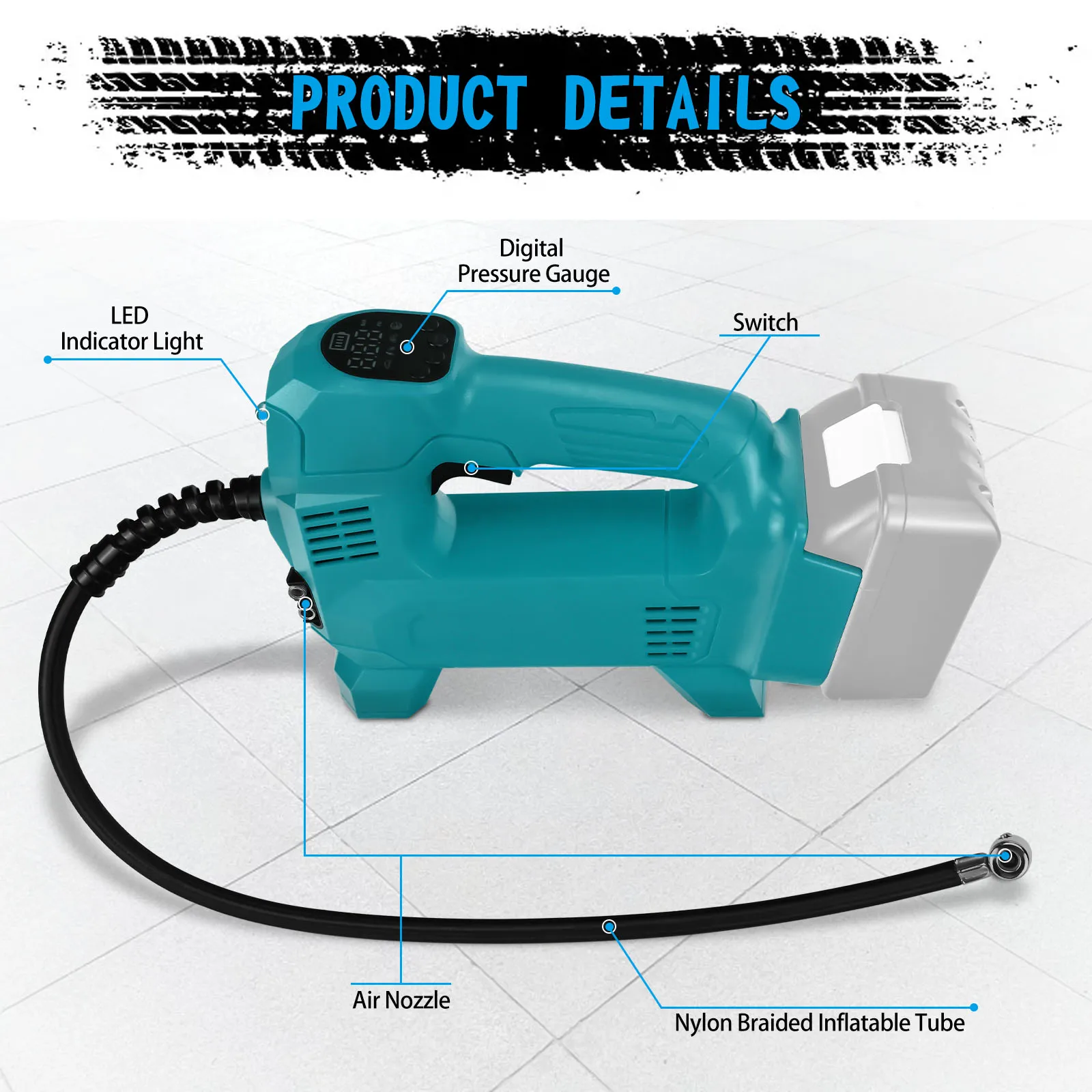 منفاخ إطارات لاسلكي ضاغط هواء محمول 150 رطل لكل بوصة مربعة مع مقياس ضغط رقمي لبطارية ماكيتا 18 فولت (بدون بطارية)