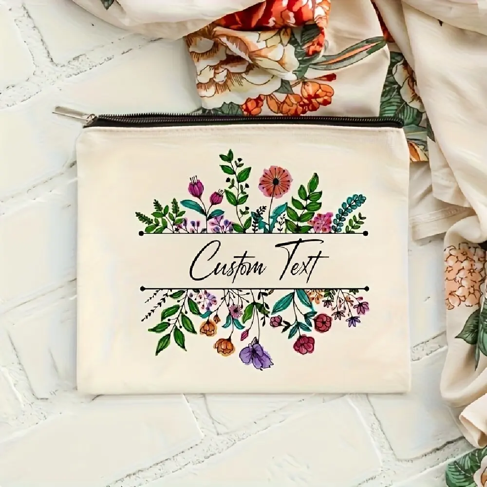 Floral Custom Name Makeup Bag Light Zipper Travel Organizer Hand Washable Casual Gift For Teachers & Wedding Bridesmaids