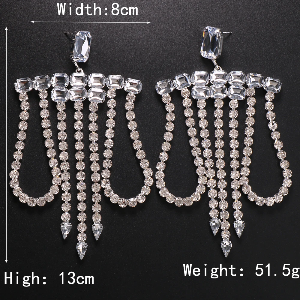 Exaggerated Rhinestone Long Tassel Drop Earrings Trendy Big Size Dangle Earrings for Women Drag Queen Jewelry