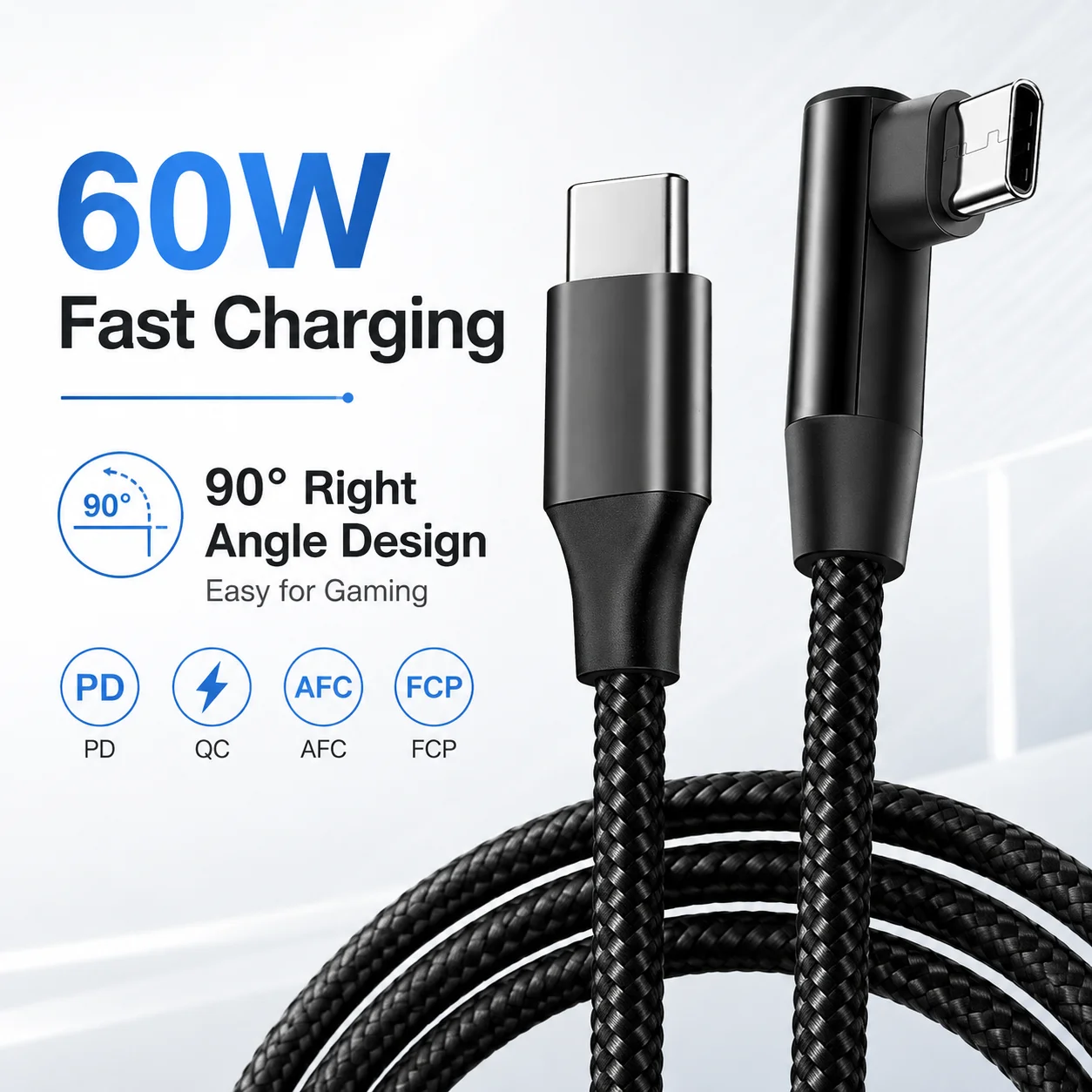 60W USB-C zu USB-C Kabel 90 Grad Rechtwinklig PD Schnellladung Datensynchronisation Nylon-Ummanteltes Typ-C-Kabel für Gaming-Handys und Tablets