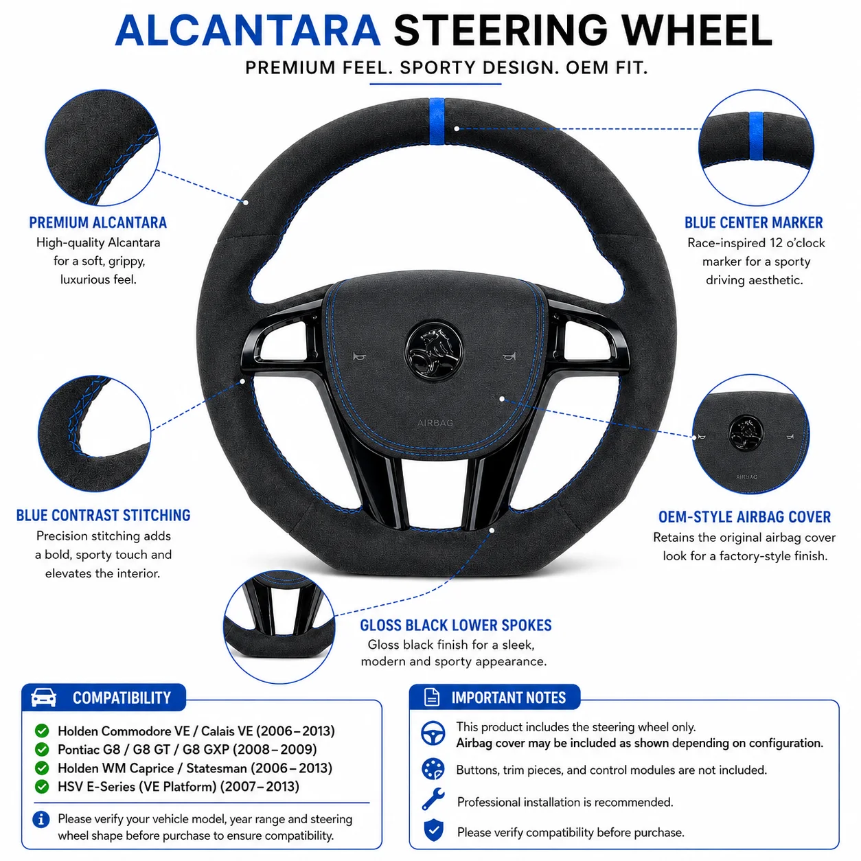 For Holden VE Pontiac G8 GT HSV SSV Commodore Blue Stripe Alcantara Gloss Black Steering Wheel