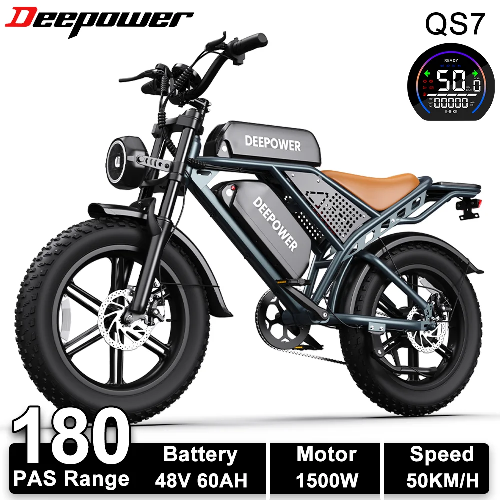 DEEPOWER QS7 Elektrische Fiets 1500W 48V 60AH Dubbele Batterij Volwassen Elektrische Fiets 20 Inch Outdoor Off-Road All Terrain Ebike