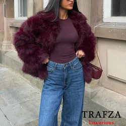 TRAFZA Faux Fur Casual Jackets for Women Coats Thick Warm Soft Cropped Jakcets Vintage 2024 Long Sleeve Winter Coat Outwears