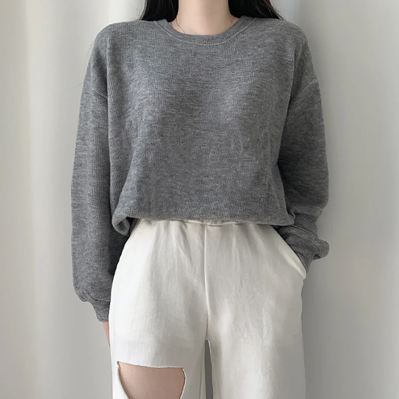 [Maka] Women's Mandarin Knitted Sweatshirt Loose Fit Long Sleeve T-Shirt Sweater (4Color)