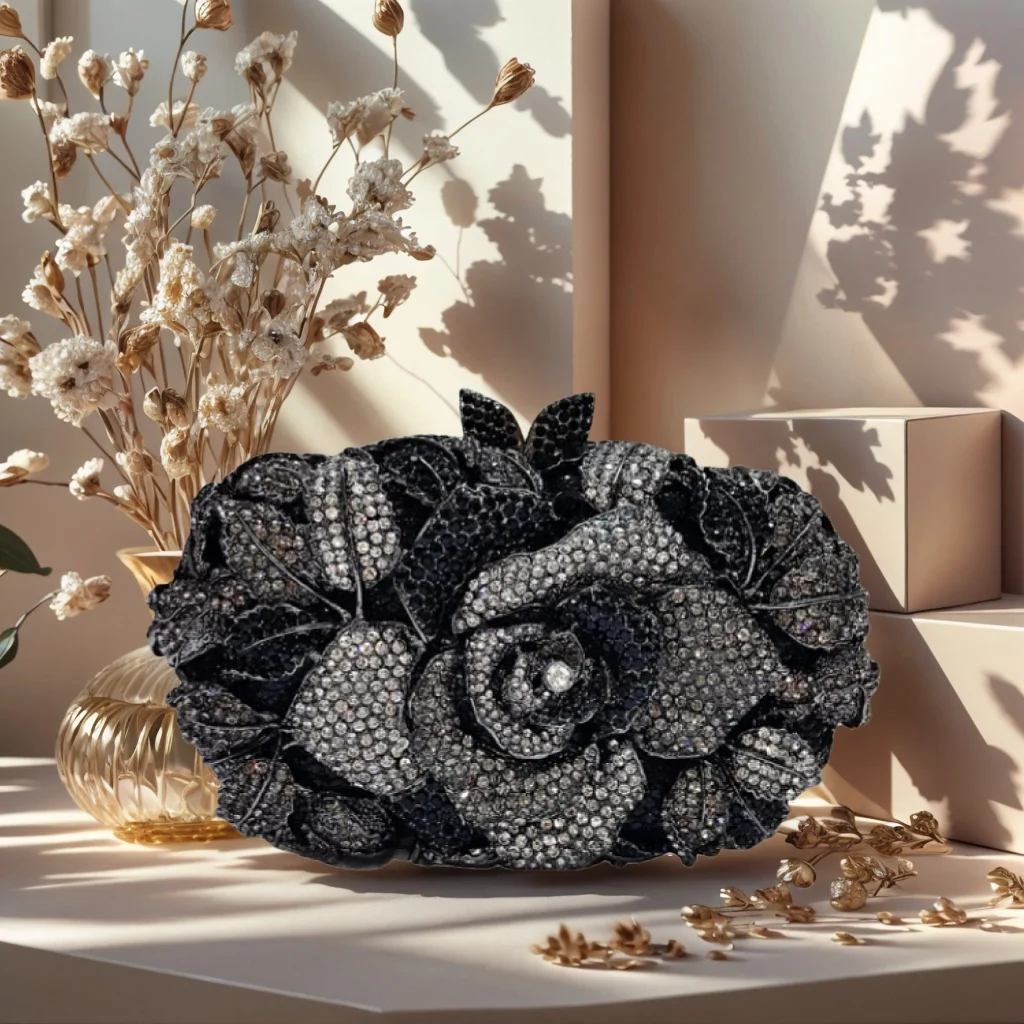 

Elegant Women Rose Rhinestone Evening Bag Luxury Crystal Floral Wedding Handbag Sparkling Purse for Prom Party
